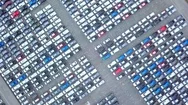 Aerial Top View New Cars Lined Up In The Port For Import And Export, 4K Stock Footage