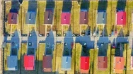 Aerial Top View Of A New Cottage Village With Colorful Multicolored Roofs Stock Footage
