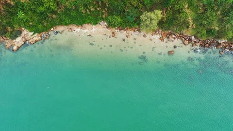 Aerial top view of ocean waves, beach and rocky coastline and beautiful forest.  Stock-Footage 99502622