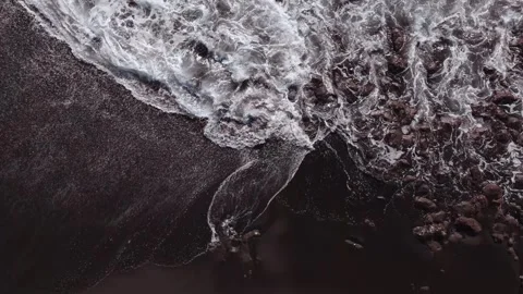 Aerial Top View Ocean Waves on Sandy Beach and Lava Rocks, Tenerife Stock Footage 336279414