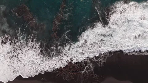 Aerial Top View Ocean Waves on Sandy Beach and Lava Rocks, Tenerife Stock-Footage 336279506