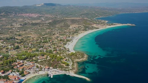 Aerial top view of Ormos Panagias and Livrohio beach Sithonia, Halkidiki, Greece Stock Footage 120001159