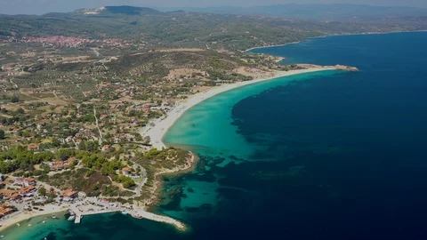 Aerial top view of Ormos Panagias and Livrohio beach Sithonia, Halkidiki, Greece Stock Footage 120115412