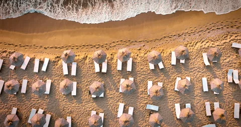 Aerial top view over beach umbrellas and sunbeds on golden sand coastline Stock Footage 338987642