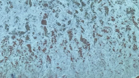 Aerial top view pattern of foam waves on the sand beach Video stock 242922268