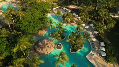 Aerial top view of pool. Sunset warm, light over everything. Tourists relaxing Stock Footage 305556087
