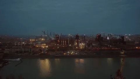 Aerial top view of power plant energy industry factory in night abstract Stock Footage