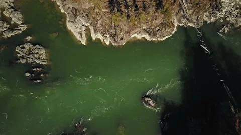 Aerial top view of the powerful flow of the mountain green river Katun. Chemal Stock Footage 149475546