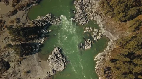 Aerial top view of the powerful flow of the mountain green river Katun. Chemal Stock Footage 149476810
