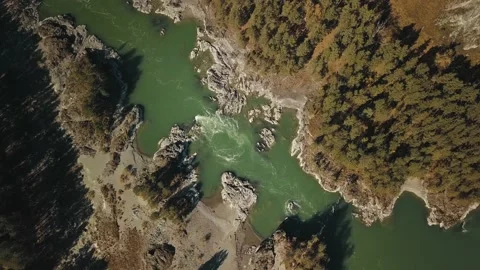 Aerial top view of the powerful flow of the mountain green river Katun. Chemal Stock Footage 149477760