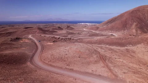 Aerial Top View of Red Volcanic Terrain in Fuerteventura Stock Footage 309690195
