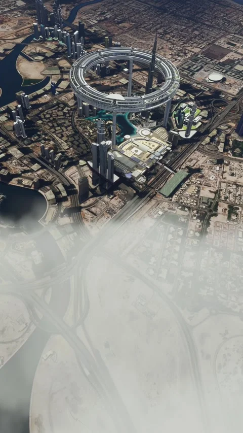 Aerial top view of the ring and skyscrapers of the futuristic city in Dubai. UAE Stock Footage 284702693