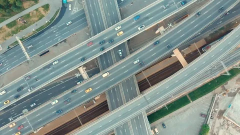 Aerial top view of road junction in Moscow from above, automobile traffic and Stock Footage 93107774