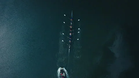 Aerial top view of a rowing team training on the water Stock Footage 331686781