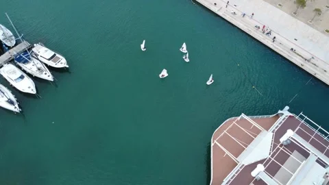 Aerial top view sailing training boats in turquoise marina water Stock Footage 344547513