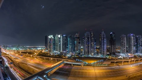 Aerial top view to Sheikh Zayed road near Dubai Marina and JLT timelapse, Dubai. Stockbeeldmateriaal 117244803