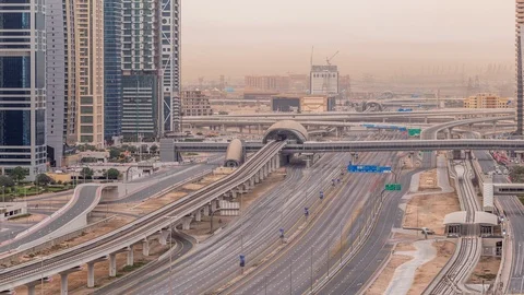 Aerial top view to Sheikh Zayed road near Dubai Marina and JLT timelapse, Dubai. Stockbeeldmateriaal 117247796