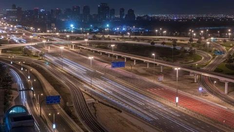 Aerial top view to Sheikh Zayed road near Dubai Marina and JLT night to day Stock Footage 117248721