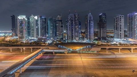 Aerial top view to Sheikh Zayed road near Dubai Marina and JLT timelapse, Dubai. Stockbeeldmateriaal 117249935