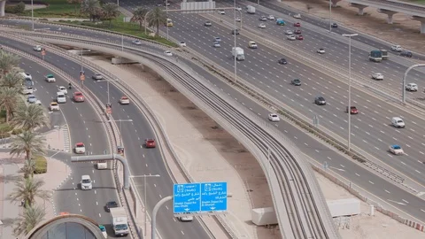 Aerial top view to Sheikh Zayed road near Dubai Marina and JLT timelapse, Dubai. Stockbeeldmateriaal 117369280