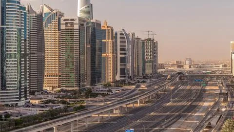 Aerial top view to Sheikh Zayed road near Dubai Marina and JLT timelapse, D.. Stock Photos