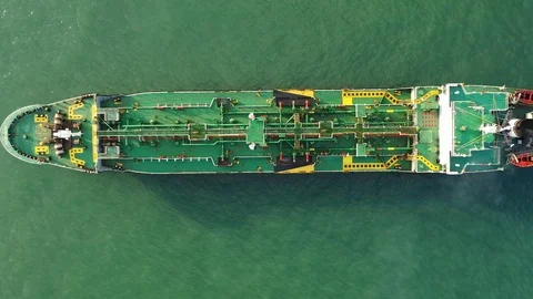 Aerial top view of the ship carrying the lpg and oil tanker in the sea port.  Stock-Footage 108665665