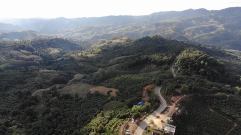 Aerial top view of sky road over top of mountain green jungle Stock Footage 106935878