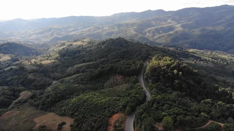Aerial top view of sky road over top of mountain green jungle Stock Footage 106936545