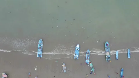 Aerial top view of small blue fishing boats and their owners Stock Footage 146755752