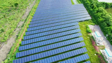 Aerial Top View of Solar Farm. drone footage. 4k Stock Footage