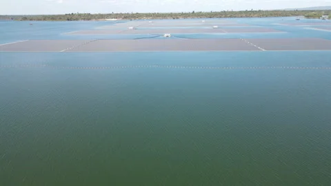 Aerial top view of solar panels or solar cells on buoy floating in lake. Stock Footage 234043232