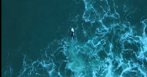 Aerial top view: surfing theme, summer adventure. A blue ocean with a solitary Stock Footage 281110867