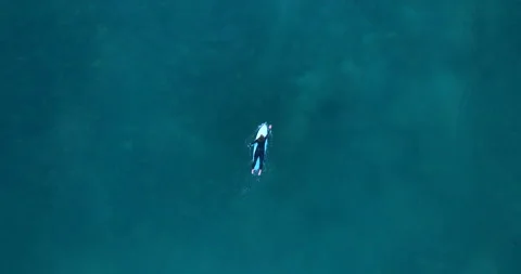 Aerial top view: surfing theme, summer adventure. A blue ocean with a solitary Stock Footage 285968520