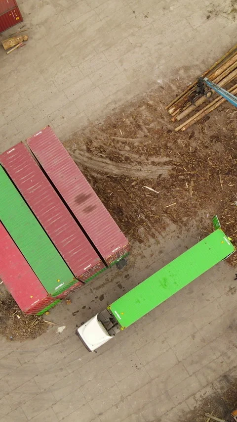 Aerial Top View Of Timber Loading Station With Containers And Truck Stock Footage 333406447