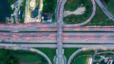 Aerial top view Time-lapse of car traffic transport on crossing multiple lanes h Stock Footage 221686570