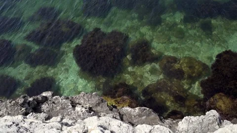 Aerial top view of waves break on rocks in a blue ocean. Stock Footage 155045500