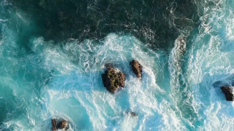 Aerial Top View Waves Crashing on Lava Rocks, Tenerife, Canary Islands Stock Footage 336279995