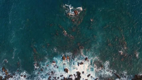 Aerial Top View Waves Crashing on Lava Rocks, Tenerife, Canary Islands Stock Footage 336316805