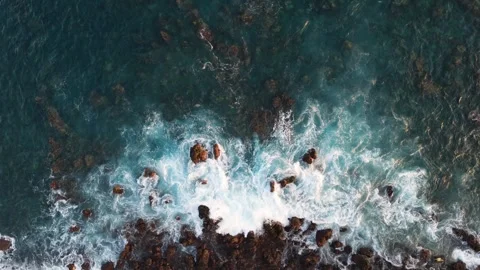 Aerial Top View Waves Crashing on Lava Rocks, Tenerife, Canary Islands Stock-Footage 336316833