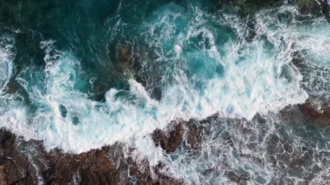 Aerial Top View Waves Crashing on Lava Rocks, Tenerife, Canary Islands Stock Footage 336317292