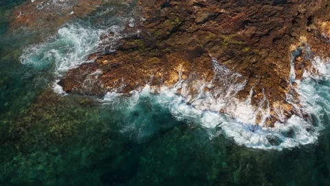 Aerial Top View Waves Crashing on Lava Rocks, Tenerife, Canary Islands Stock-Footage 336317768