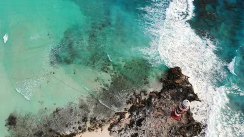 Aerial top view of waves crushing on rocky Caribbean sea coast in Cancun, Mexico Stock Footage 156620914