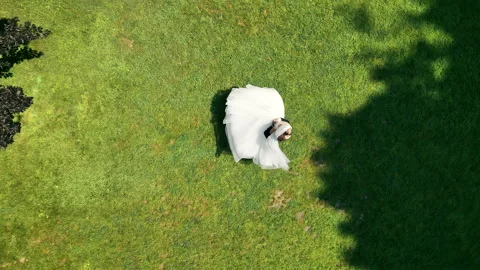 Aerial Top view of the wedding dance of the newlyweds. The groom spins the bride Vídeo Stock 219992535