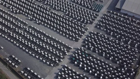Aerial top view of white cargo trailer parking, trailer line up. Delivery, lo Stock Footage 128166155