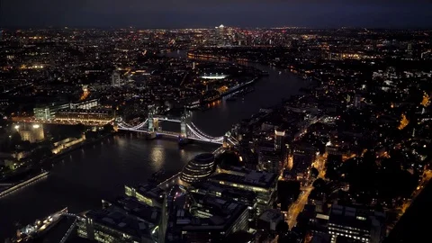 Aerial top view wide angle night panorama of London City and Tower Bridge Stock Footage 79040034