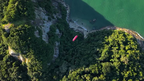 Aerial tops down paragliding fly in tropical hill seaside, beach at Caiobá Stock-Footage 317529557