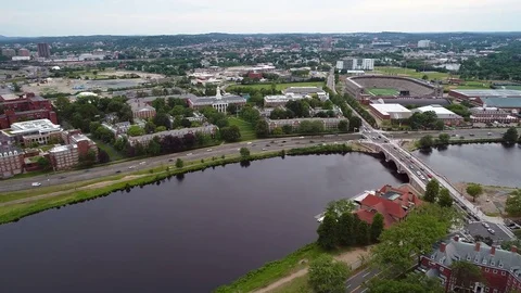Aerial tour Harvard business school Massachusetts 4k prores Stock Footage