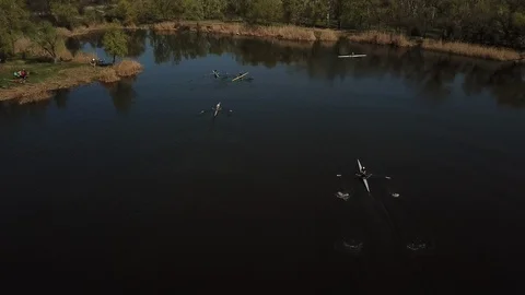 Aerial Of Tourists Rowing On River Stock Footage 119823365