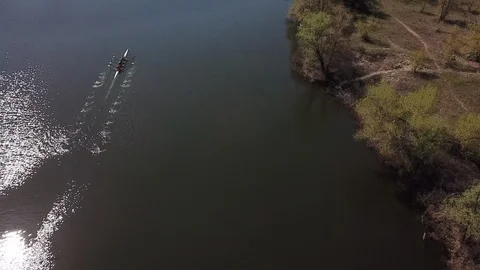 Aerial Of Tourists Rowing On River Stock Footage 119823840