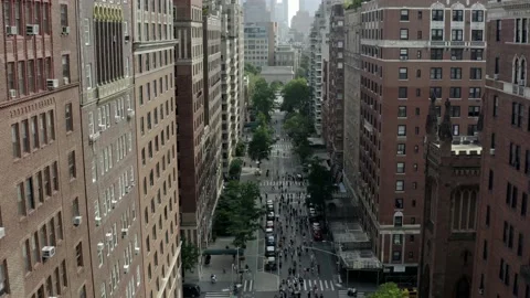 Aerial toward Washington Square Park arch on Lower 5th Avenue New York City NYC Stock Footage